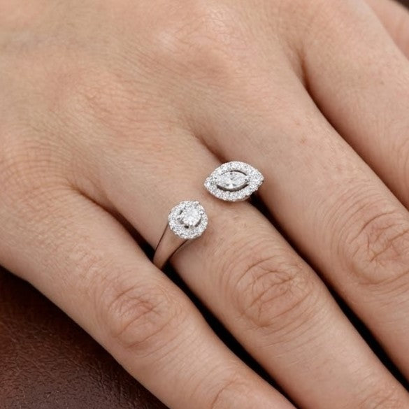 Marquise & Round Halo Silver Open Bypass Ring