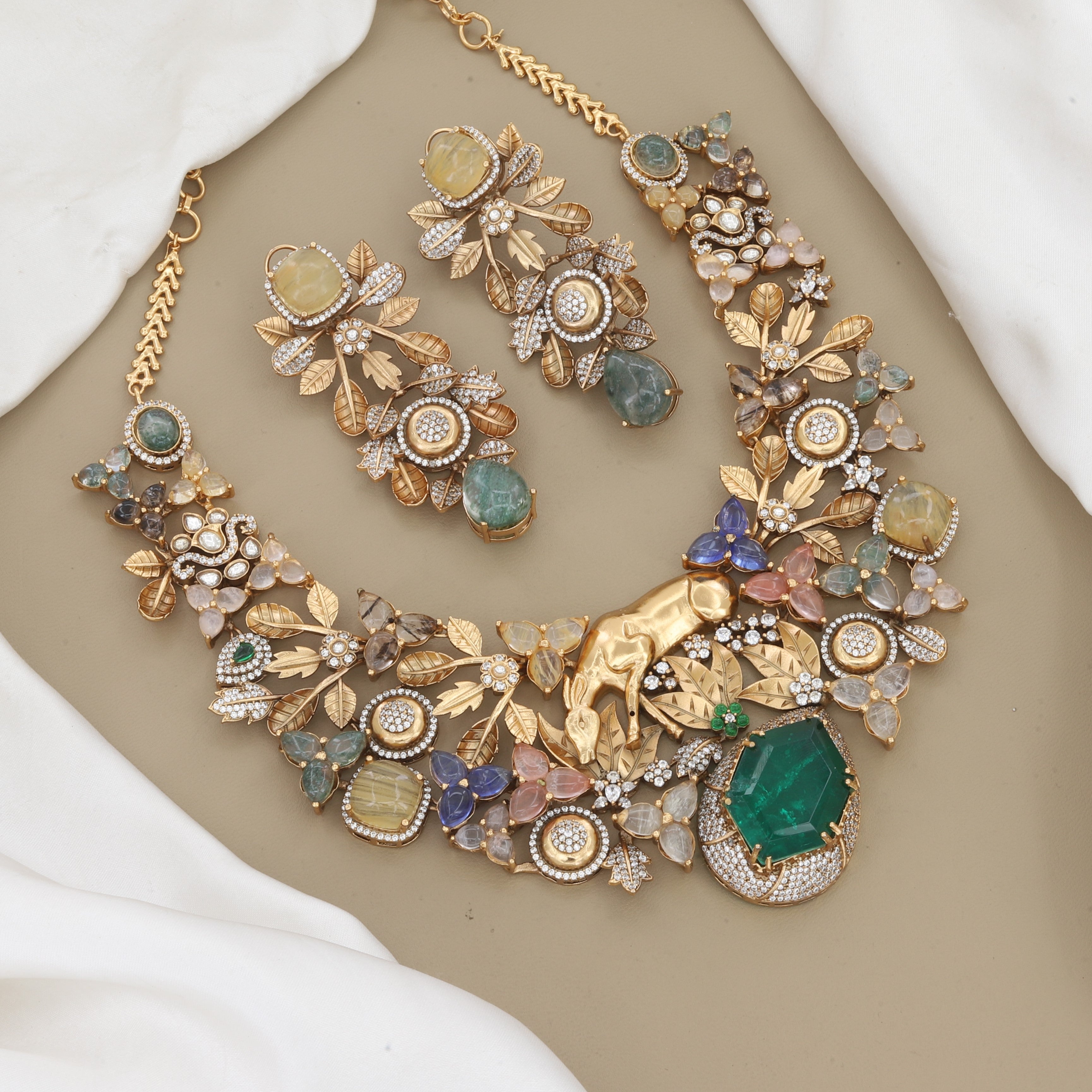 Multi-Gemstone Nature-Inspired Gold Statement Necklace Set