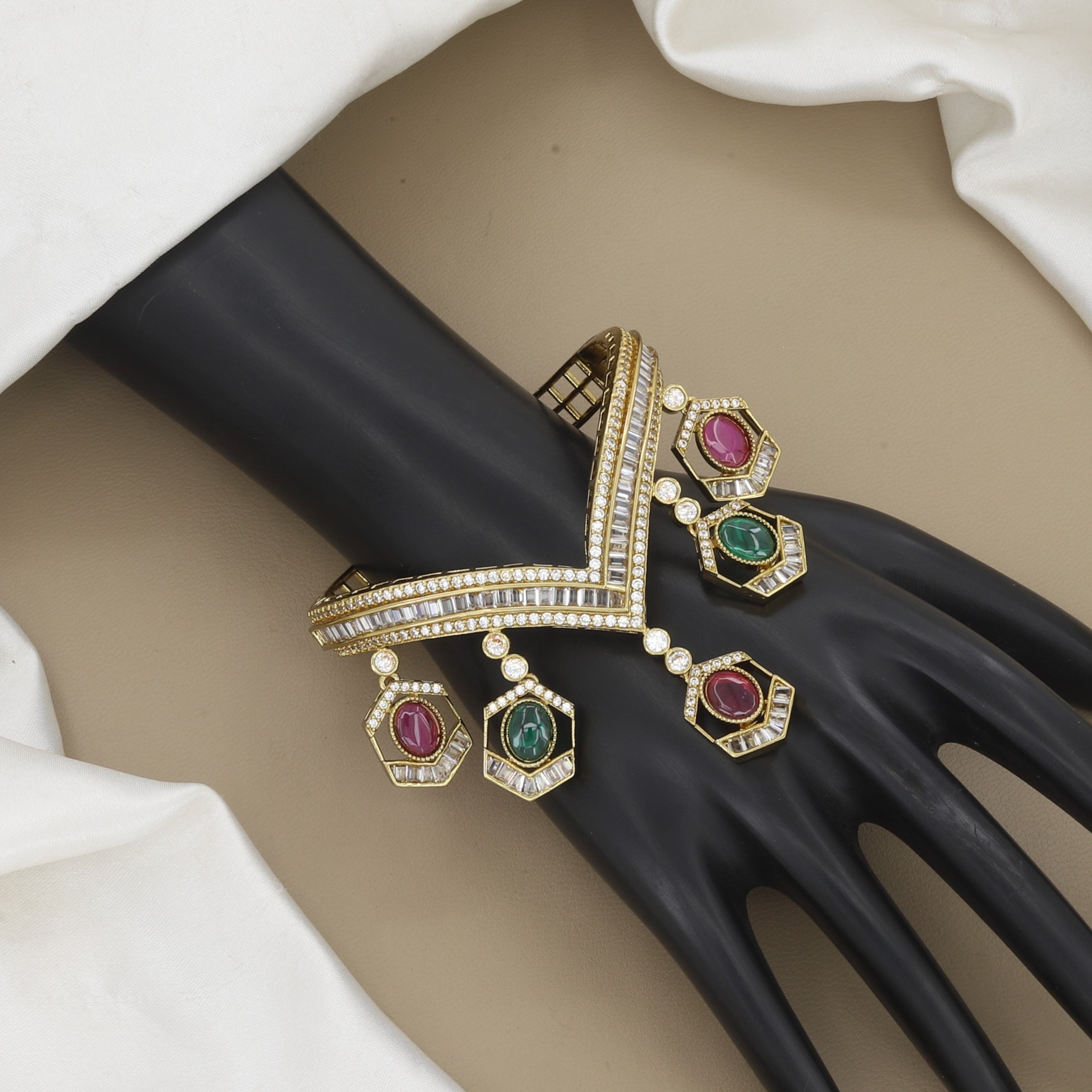 Luxury V-Shaped Statement Bracelet with Gemstones & Diamonds