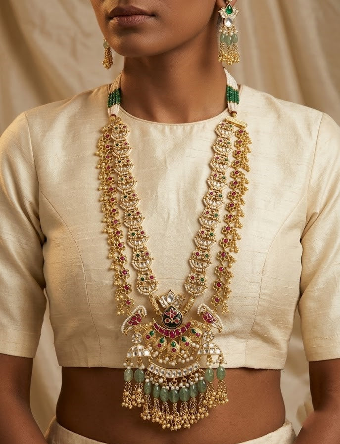 Gold-Plated Kundan & Green Onyx Rani Haar Jadtar Necklace Set