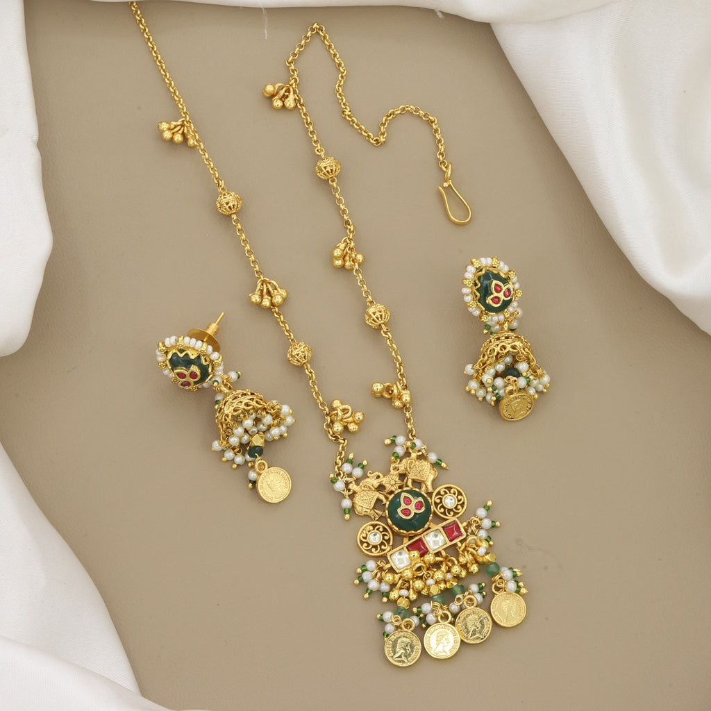 Traditional Gold-Plated Jhumka & Medium Necklace Set