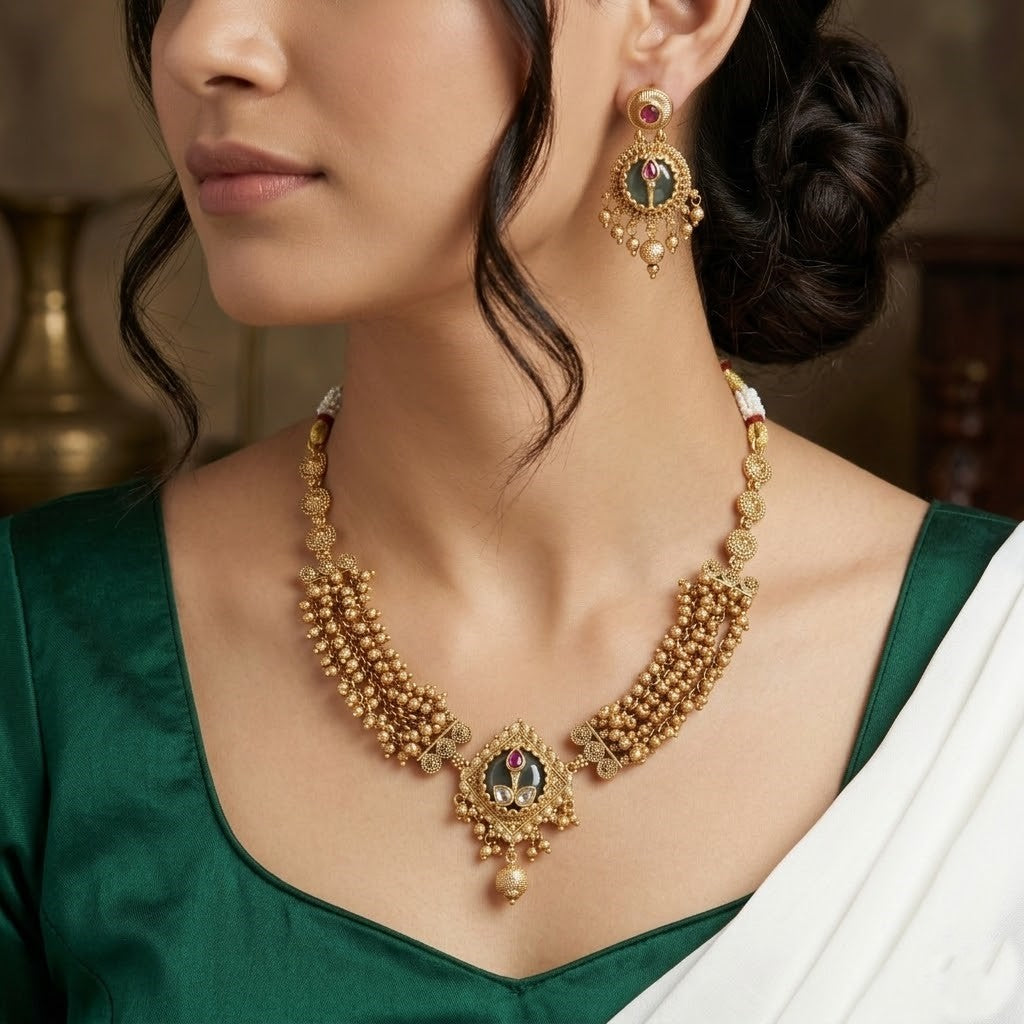 Antique Gold-Plated Necklace & Earrings Set with Stone Work