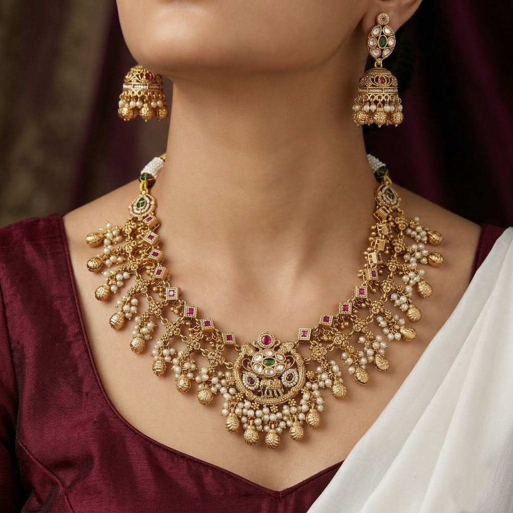 Traditional South Indian Gold Plated Necklace Set with Jhumka Earrings
