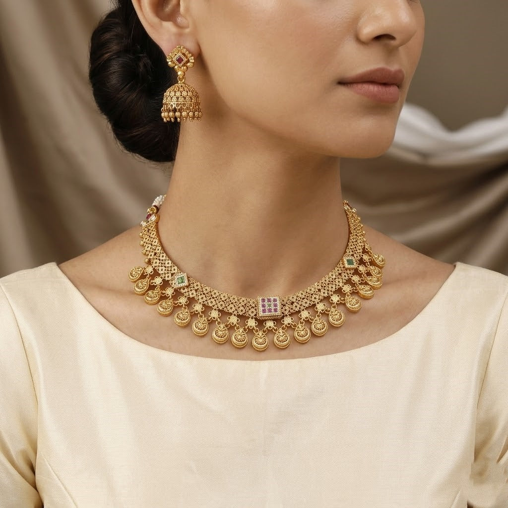 Antique Matte Gold-Plated Necklace Set With Ruby Stones