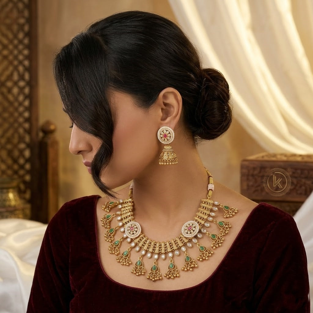 Grand Gold-Plated Choker Necklace Set with Jhumki & Stone Drops