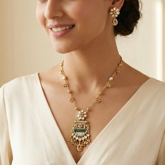 Antique Gold-Plated Long Pendant Necklace Set with Kundan & Seed Pearl Detailing