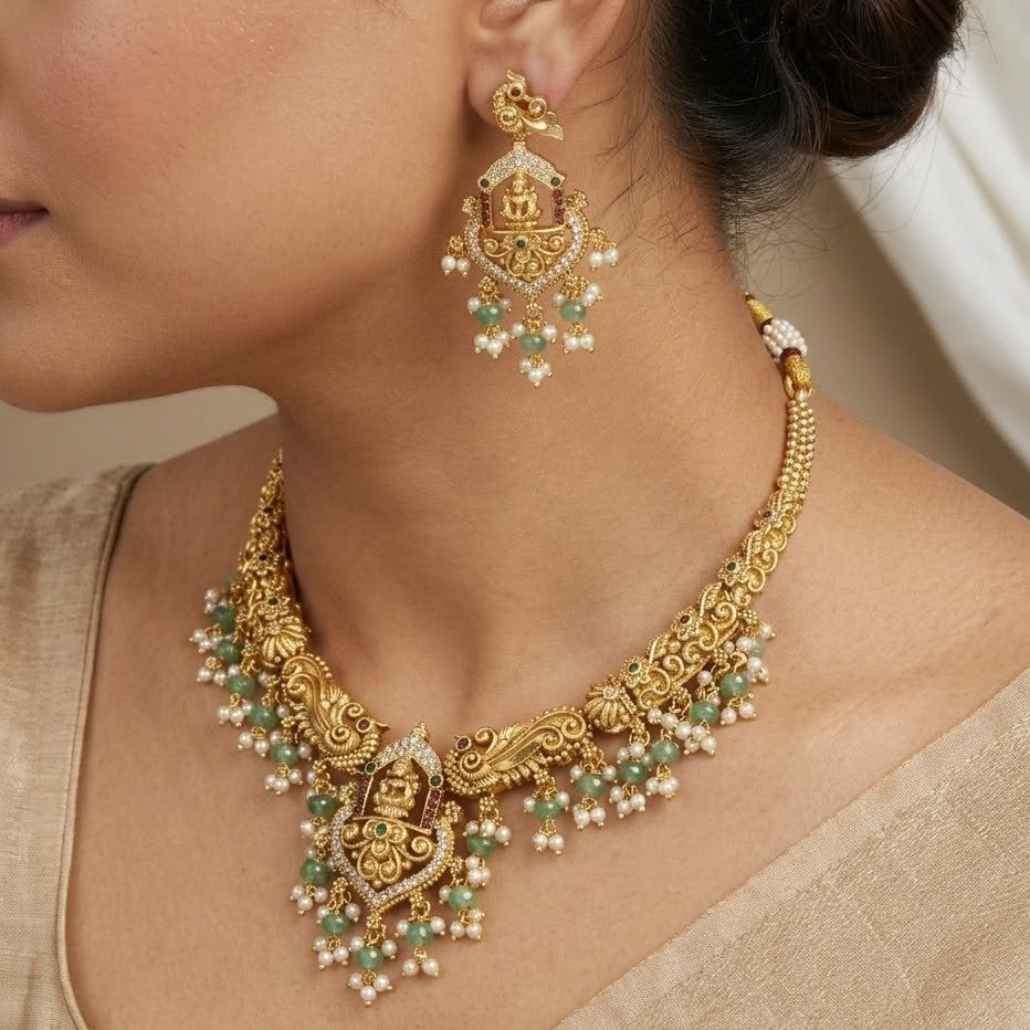 Antique Gold Temple Jewelry Set with Pearls & Green Beads