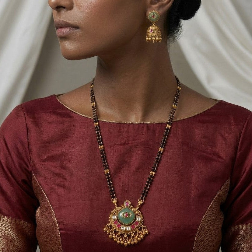 Square Green Stone Mangalsutra Set with Jhumka Earrings