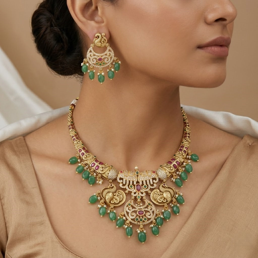 Antique Gold Peacock Necklace Set with Green Beads