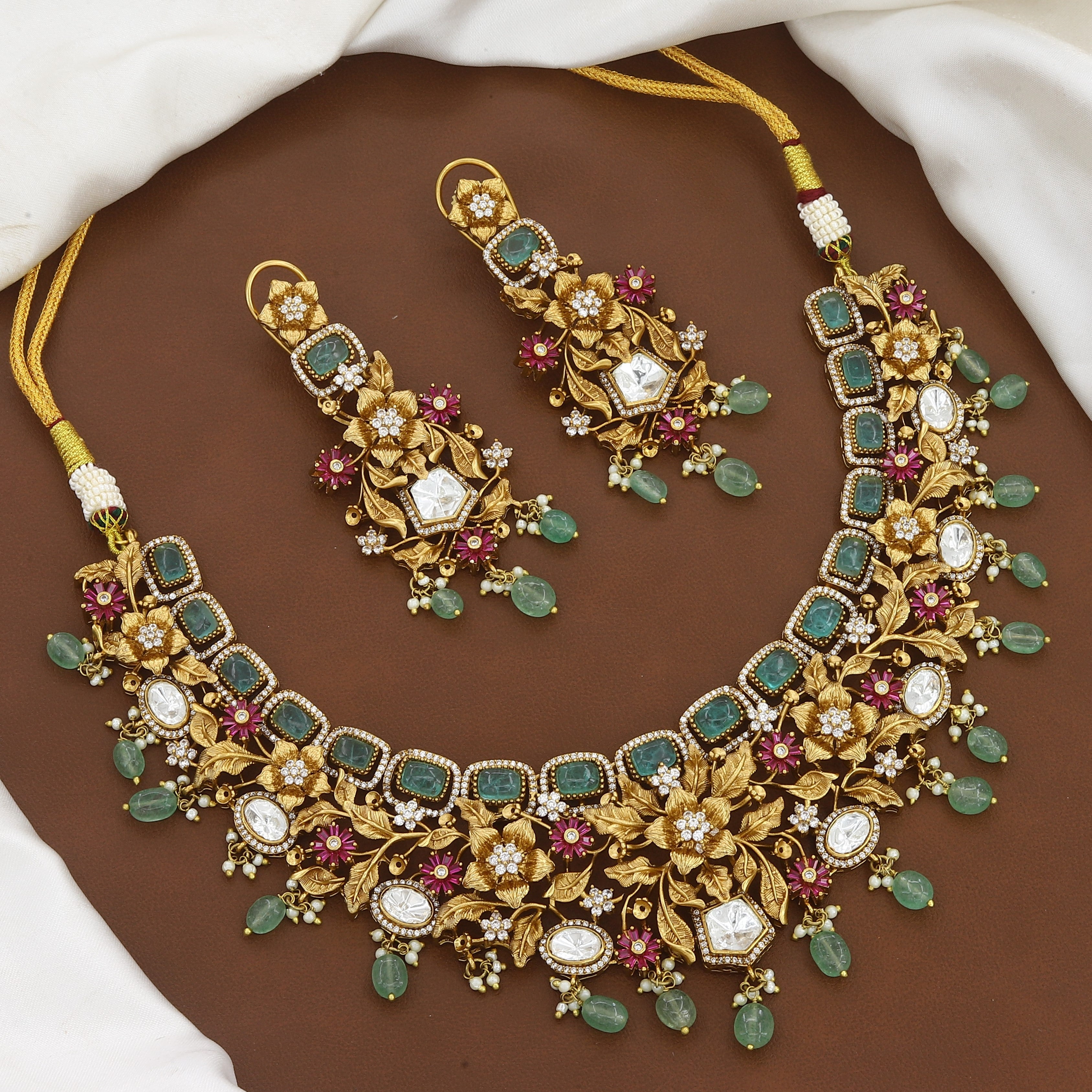 Antique Gold Matte Floral Necklace Set with Multi-Gemstones