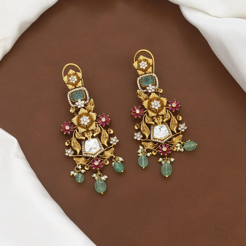 Antique Gold Matte Floral Necklace Set with Multi-Gemstones
