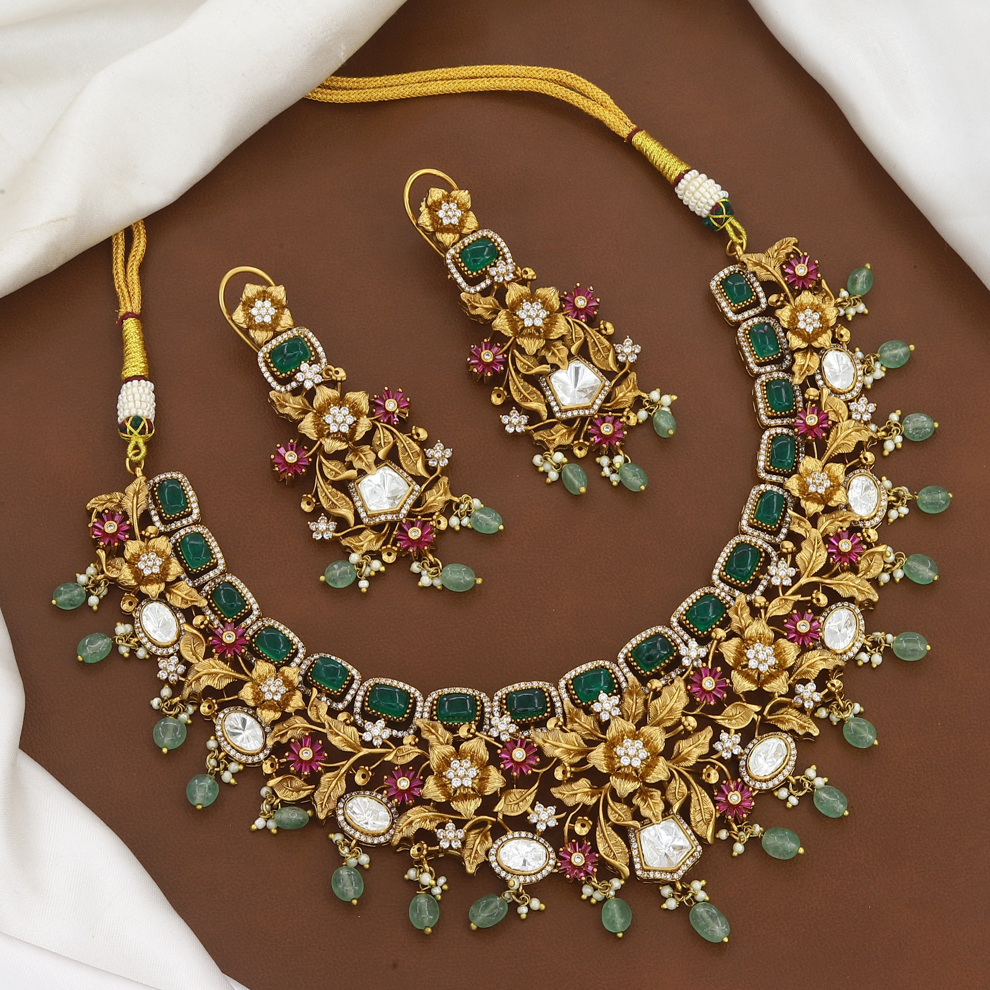 Antique Gold Matte Floral Necklace Set with Multi-Gemstones