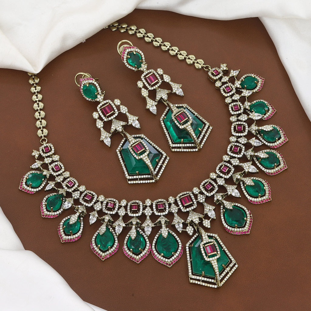 Luxury Emerald & Ruby Statement Diamond Necklace Set