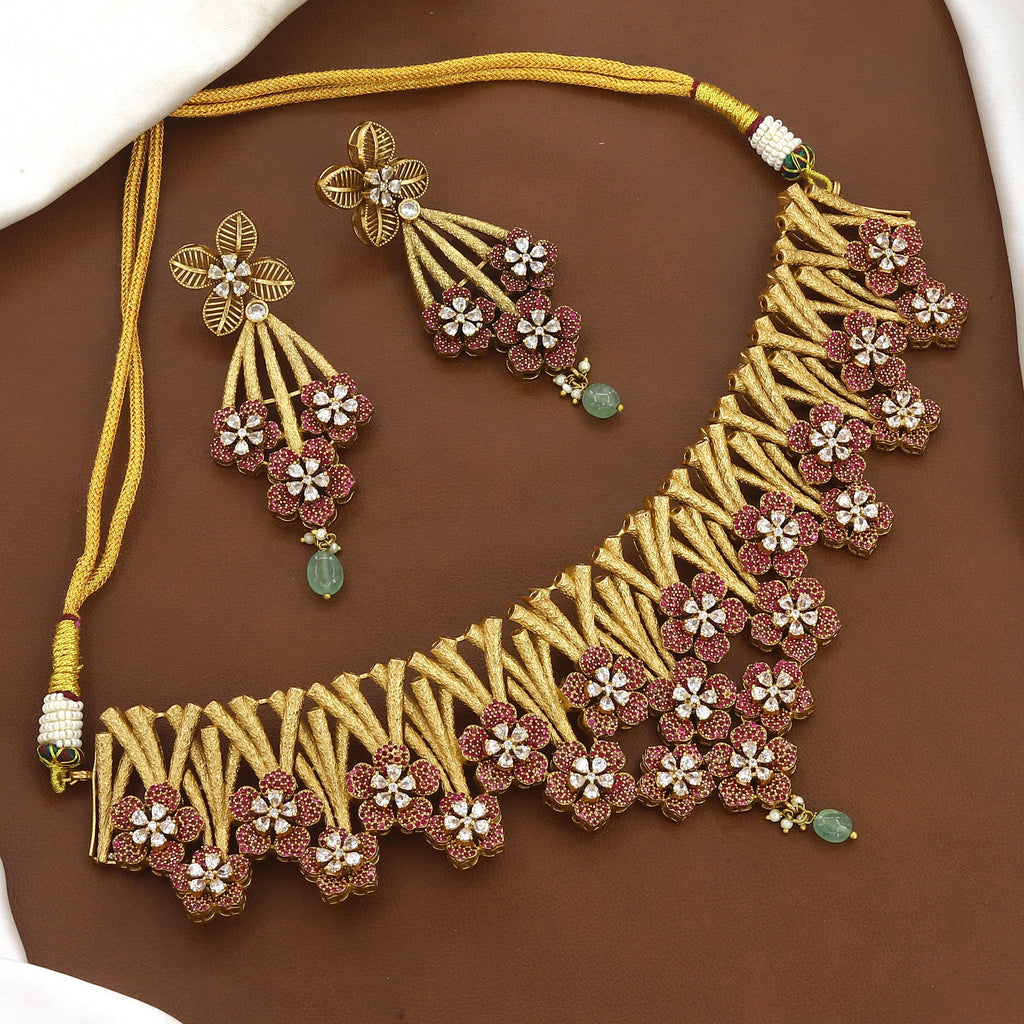 Floral Gold-Plated Choker Necklace & Earring Set