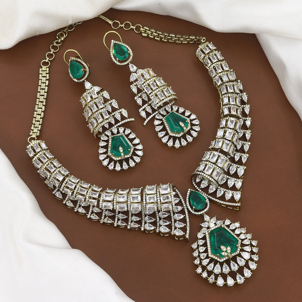 Luxury Statement Necklace & Earring Set with Emeralds & Baguette Stones