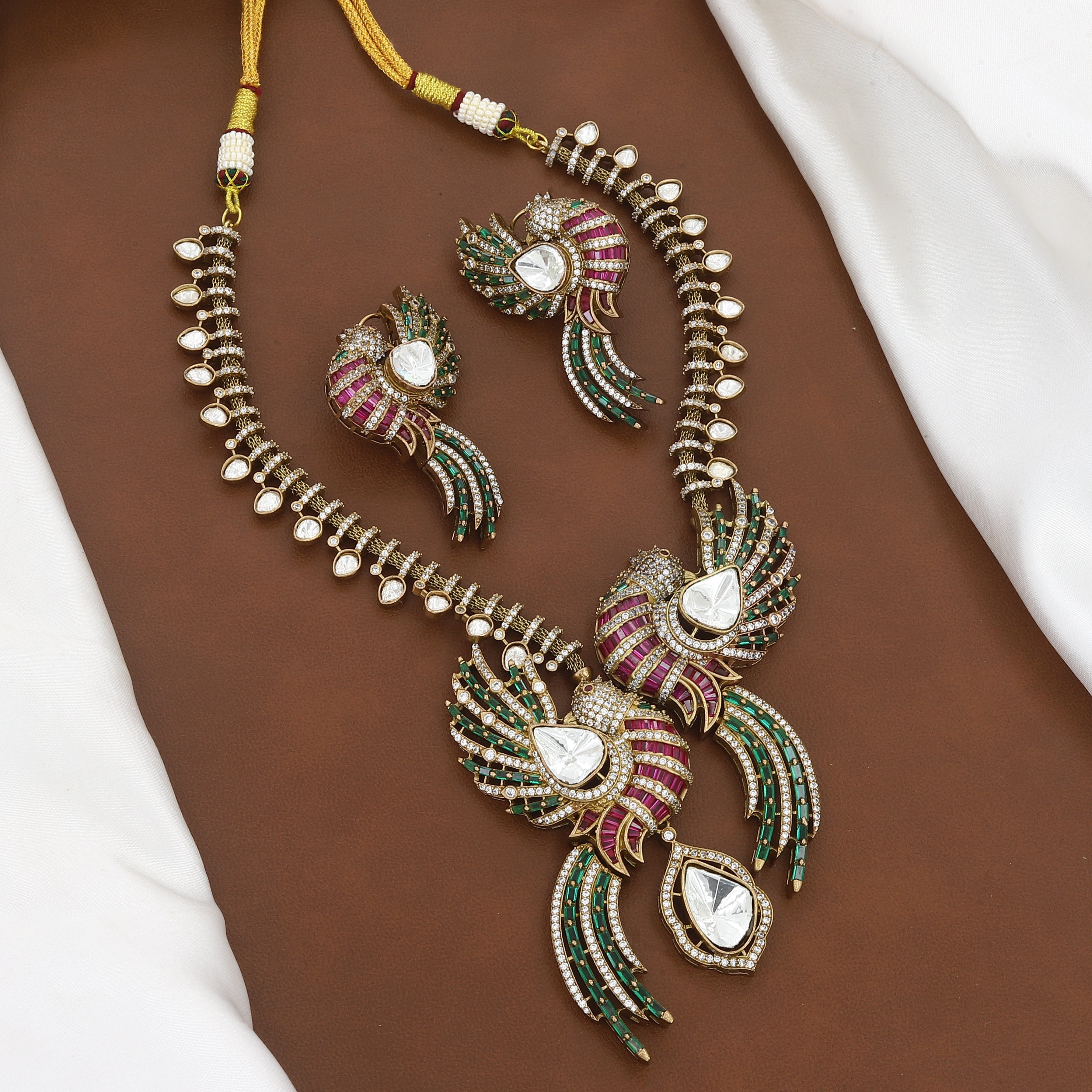 Ruby and Emerald Peacock Polki Necklace Set
