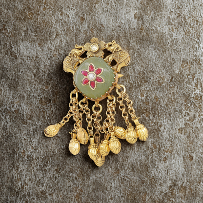 Antique Gold-Plated Elephant & Flower Moti Jhumki Finger Ring