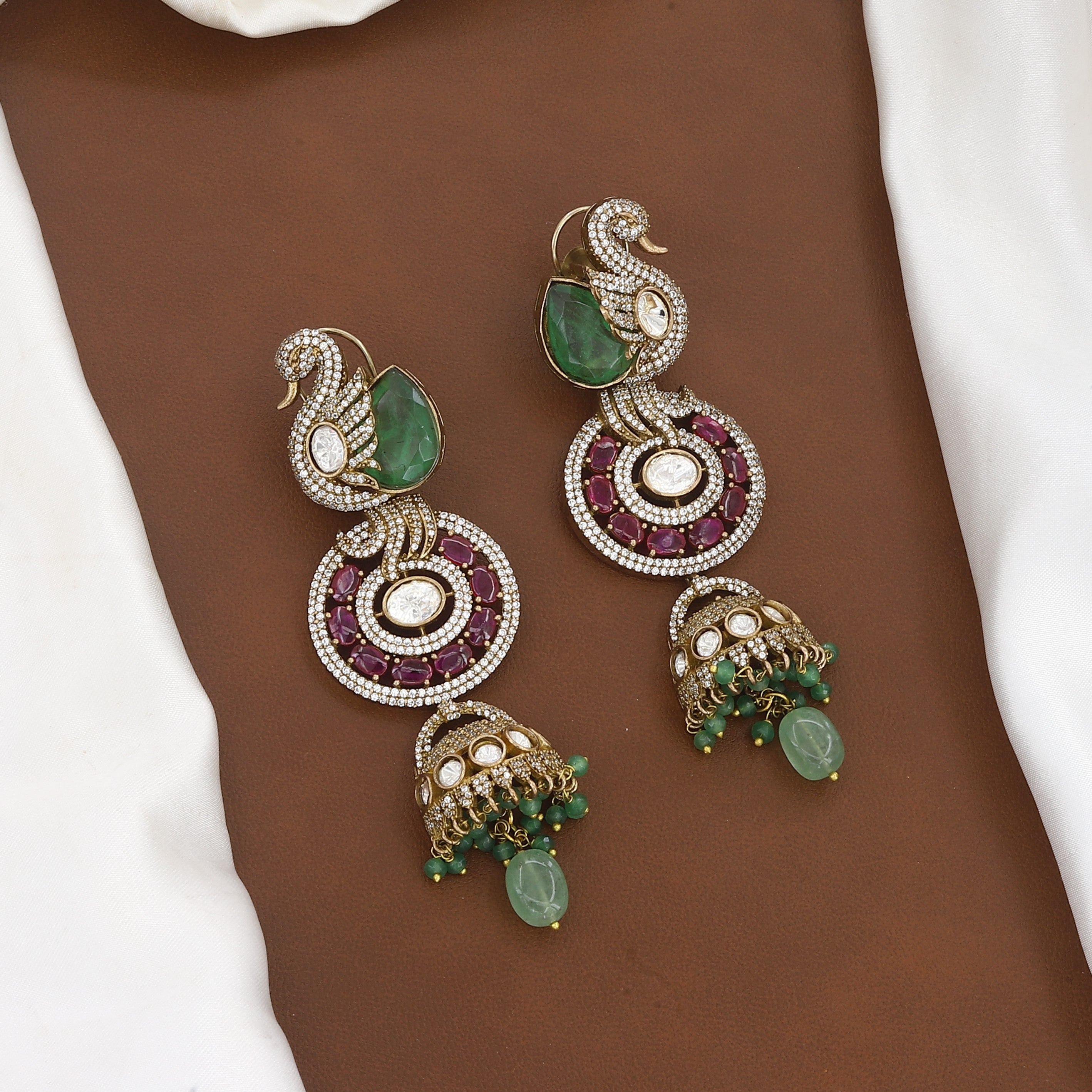 Royal Swan Motif Emerald Bead Necklace Set with Jhumkas