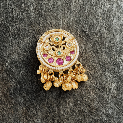 Vintage Gold-Plated Round Jhumki Ring with Pearl and Stone Embellishments