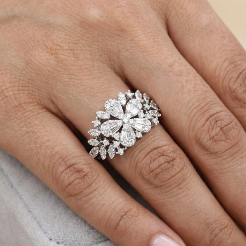 Marquise & Round Zirconia Silver Floral Cluster Ring