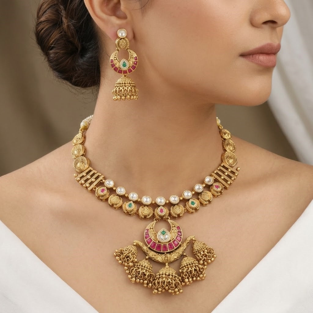 Antique Gold Kundan Chandbali Necklace Set with Earrings