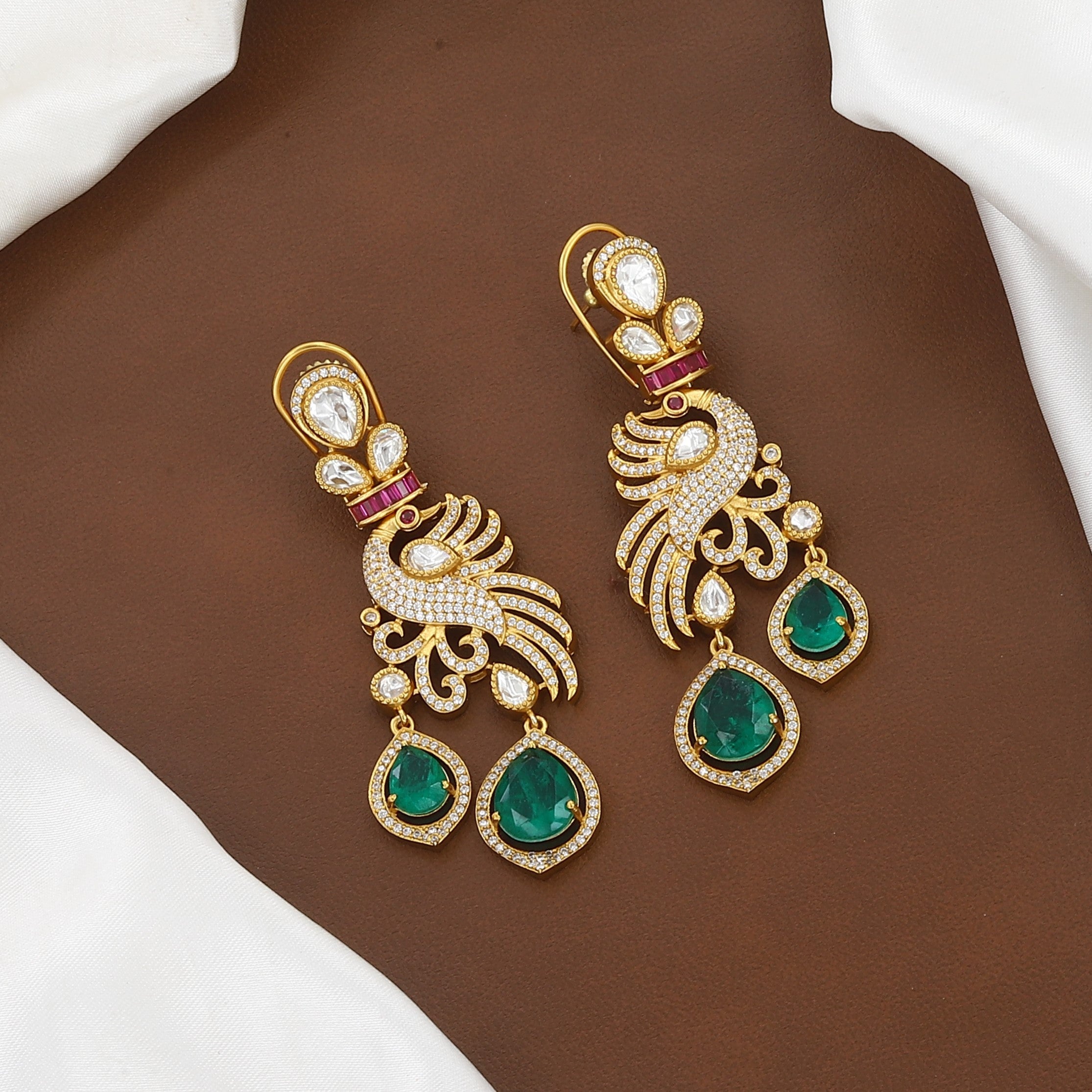 Royal Peacock Polki Necklace Set with Teardrop Emeralds