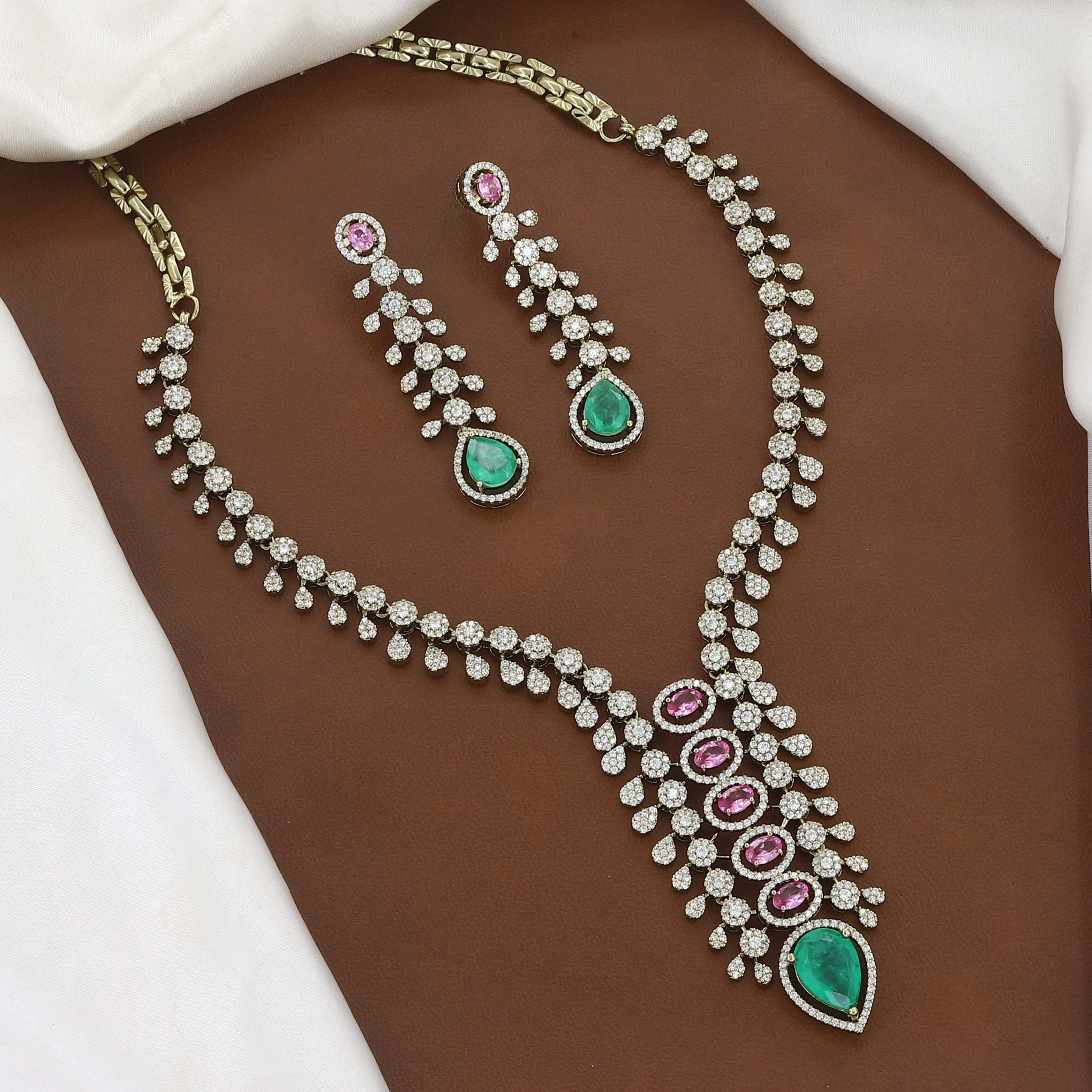 Delicate Emerald and Pink Sapphire CZ Necklace Set