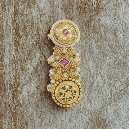 Ethnic Gold-Plated Full Finger Ring with Pearl & Stone