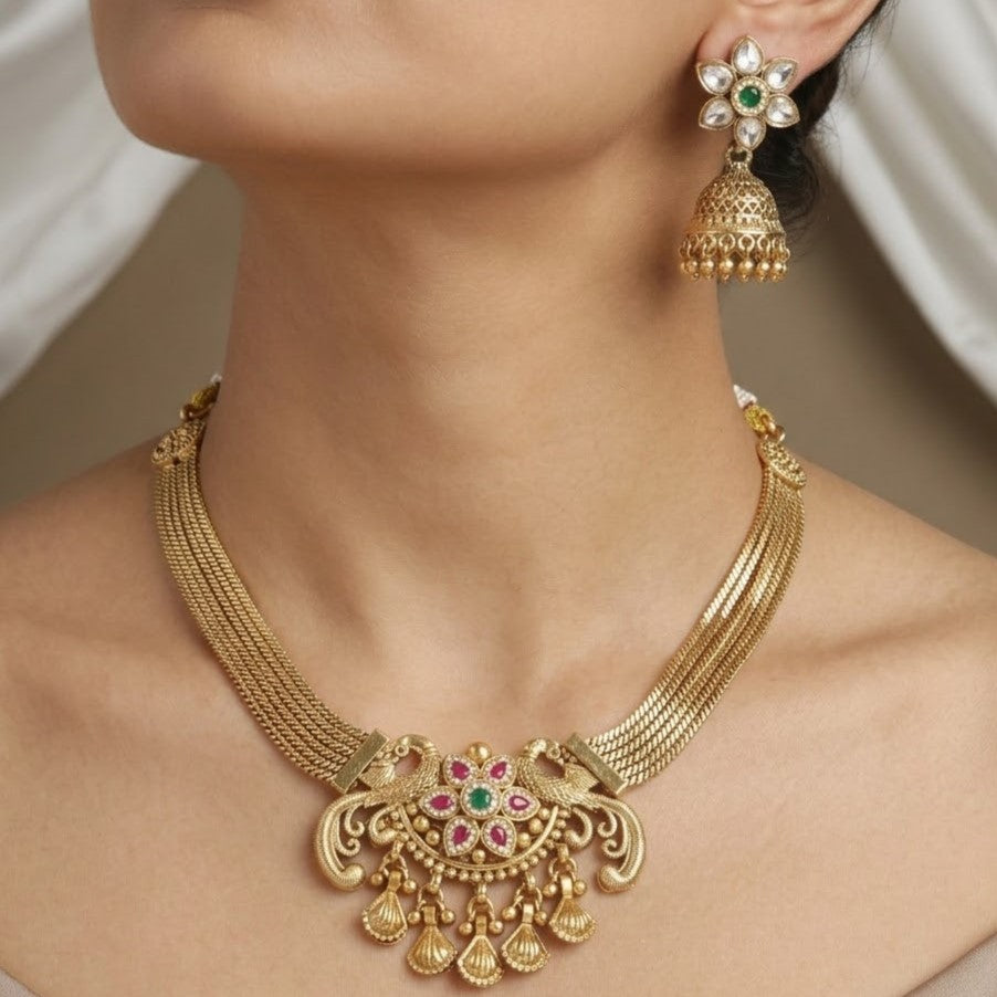 Antique Gold Peacock Wedding Necklace Set with Traditional Jhumkas