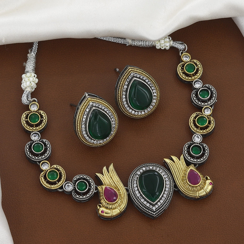 Dual-Tone Black Onyx Necklace Set with Gold Bird Motifs