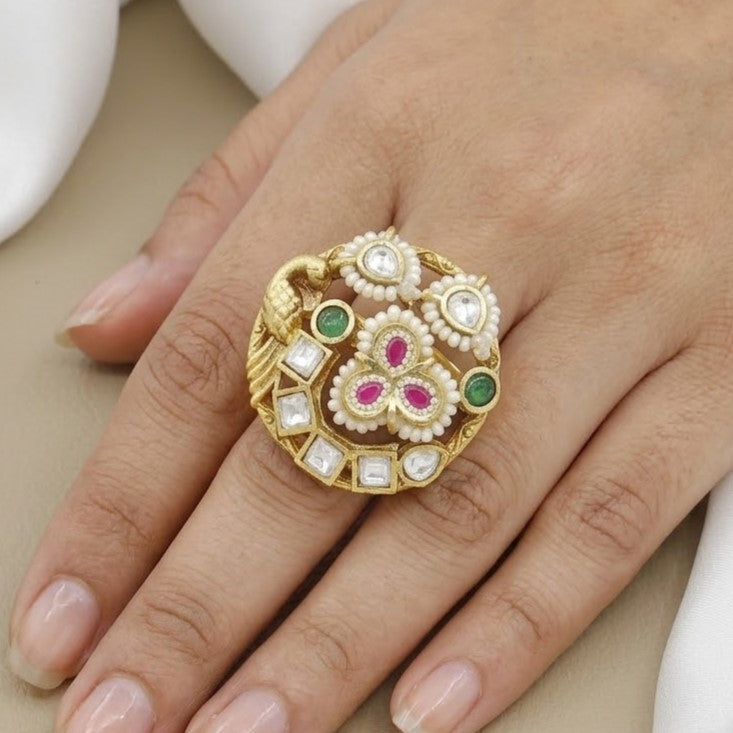 Antique Swarovski Ring with Ruby, Emerald & Peacock Motif