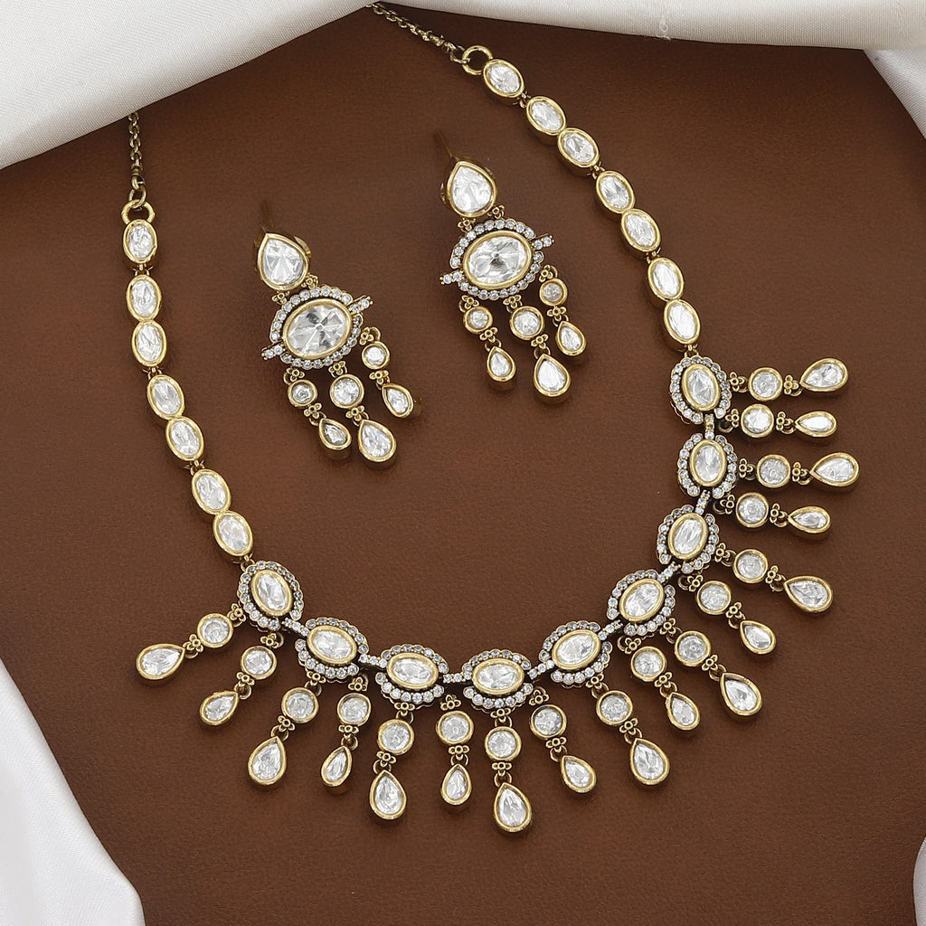 White Stone Studded Kundan Fringe Necklace Set