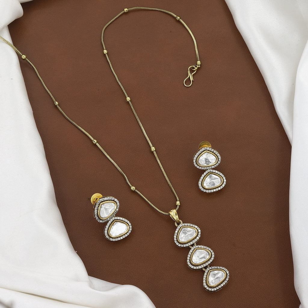 Delicate Gold Plated Polki Kundan Pendant Necklace Set