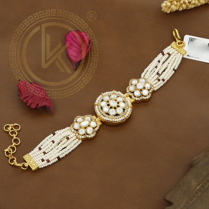 Elegant Pearl & Gold Hand Kundan Antique Bracelet
