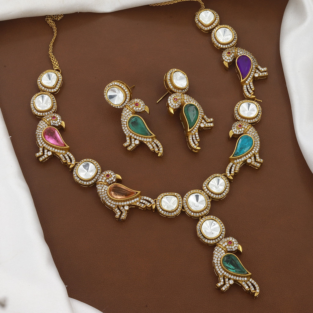 Gold Plated Multi-Color Parrot Motif Kundan Necklace Set