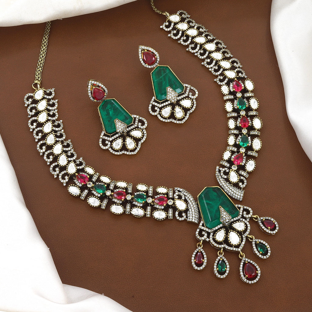 Royal Emerald Green & Ruby Pink Bridal Choker Necklace Set