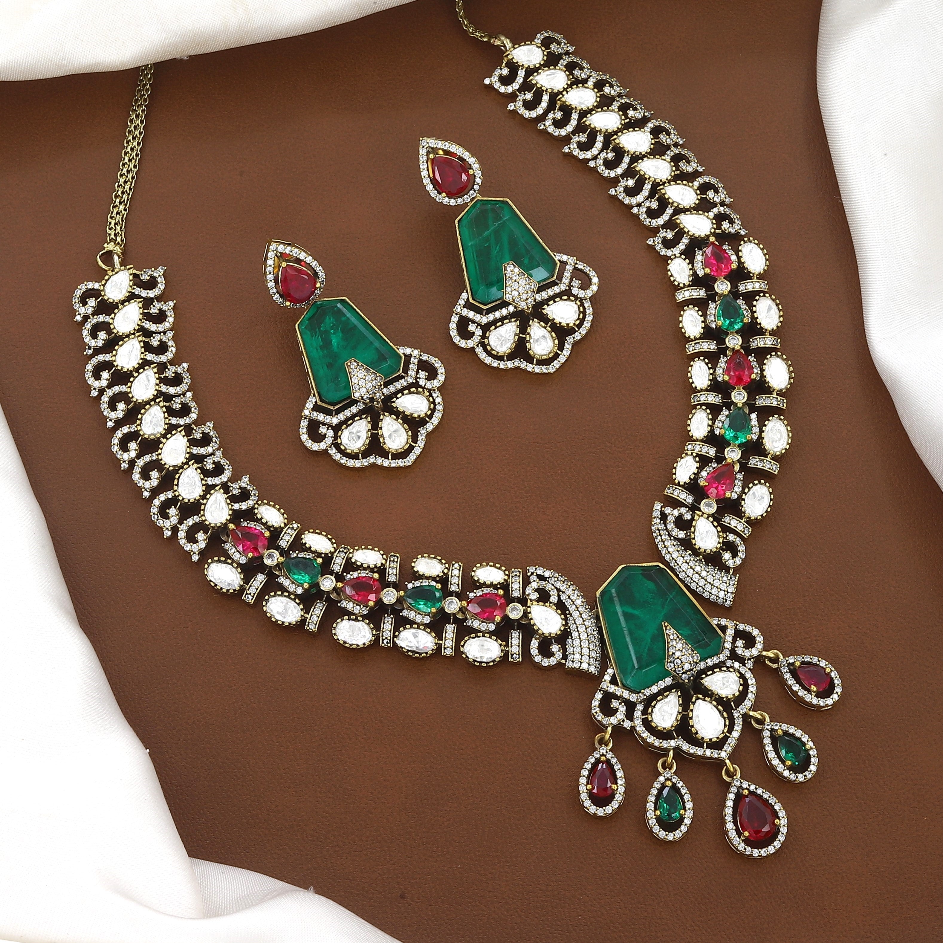 Royal Emerald Green & Ruby Pink Bridal Choker Necklace Set