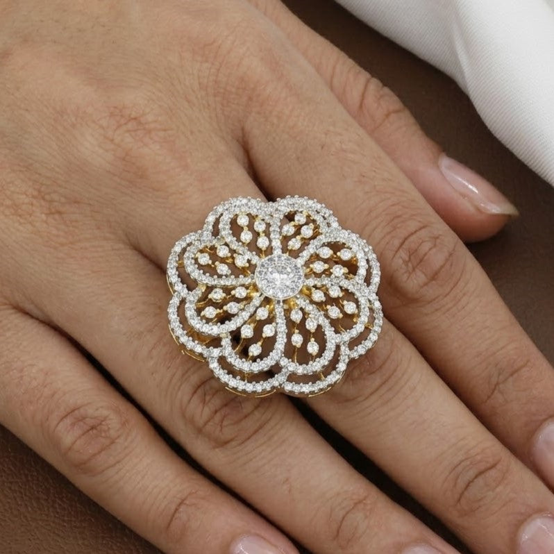 Grand Floral Golden Polished Party Wear Ring