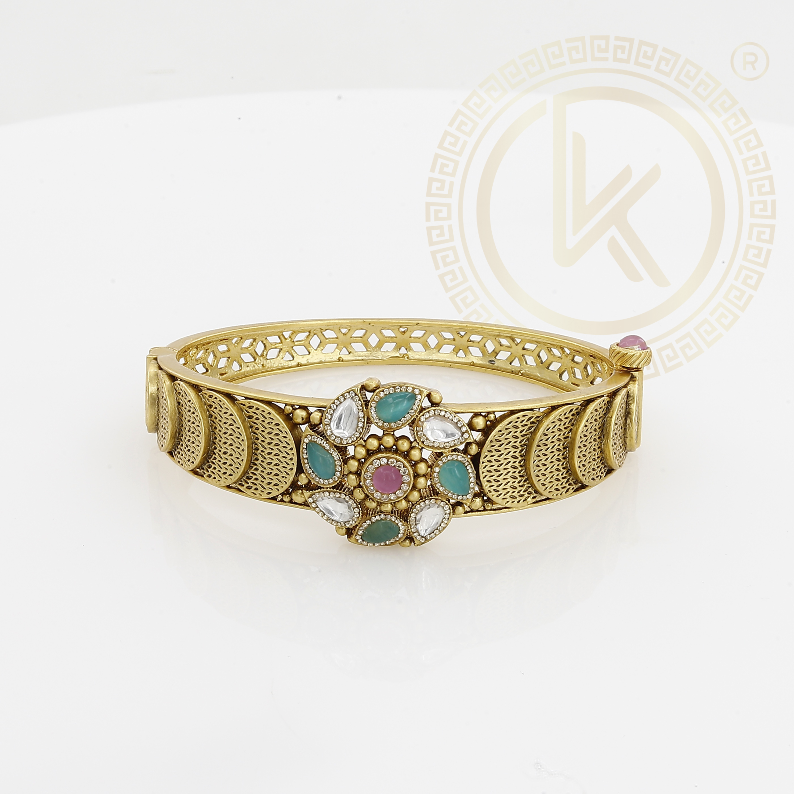 Vintage Style Hand Antique Kada with Colored Stones