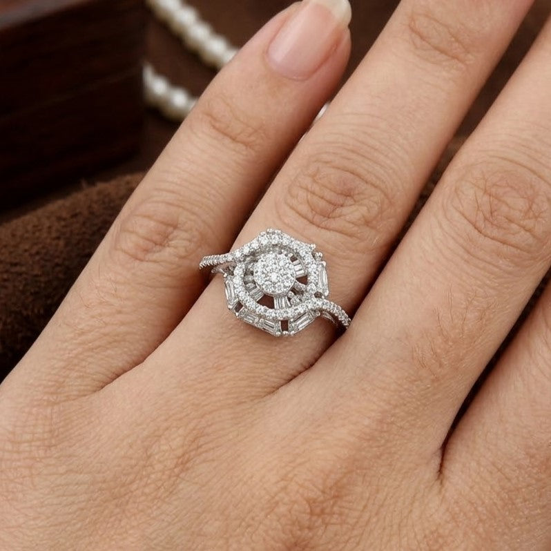 Silver Polished Diamond Cluster Party Diamond Ring