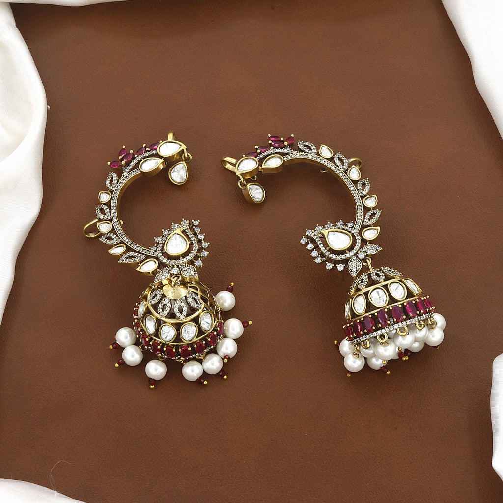 Victorian Polished Antique Gold Kundan & Ruby Jhumka Ear Cuffs