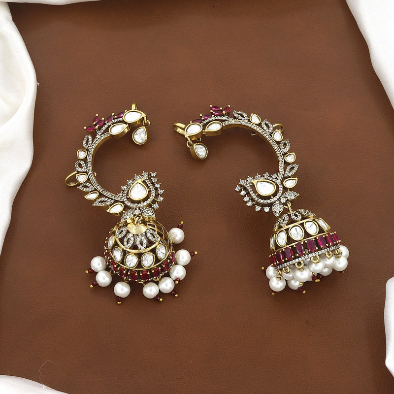 Victorian Polished Antique Gold Kundan & Ruby Jhumka Ear Cuffs