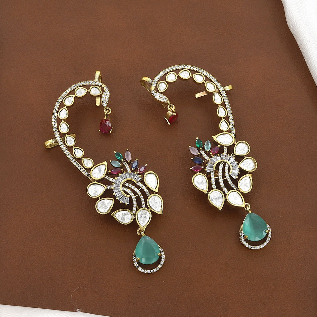 Victorian Polished Kundan & Emerald Full Ear Cuff Earring