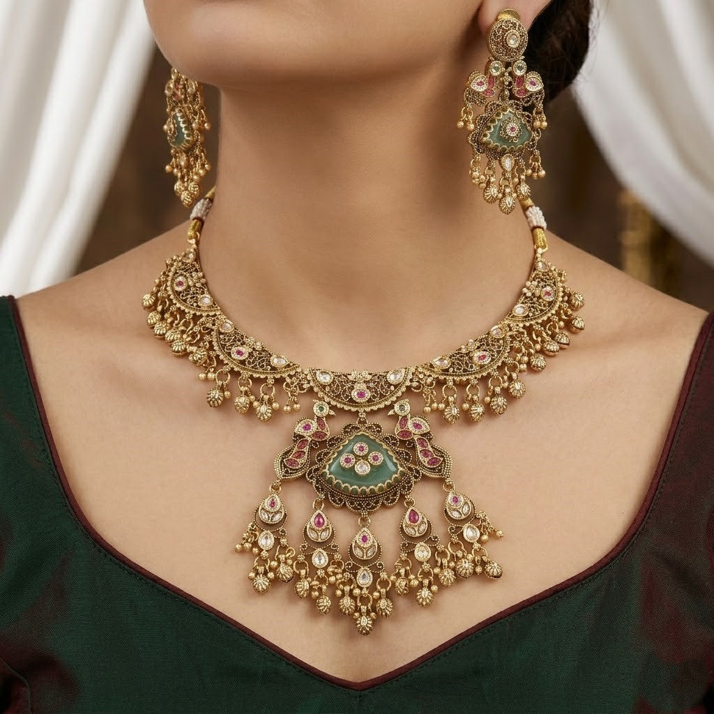 Antique Gold-Plated Temple Jewelry Set with Green Stones & Peacock Motifs
