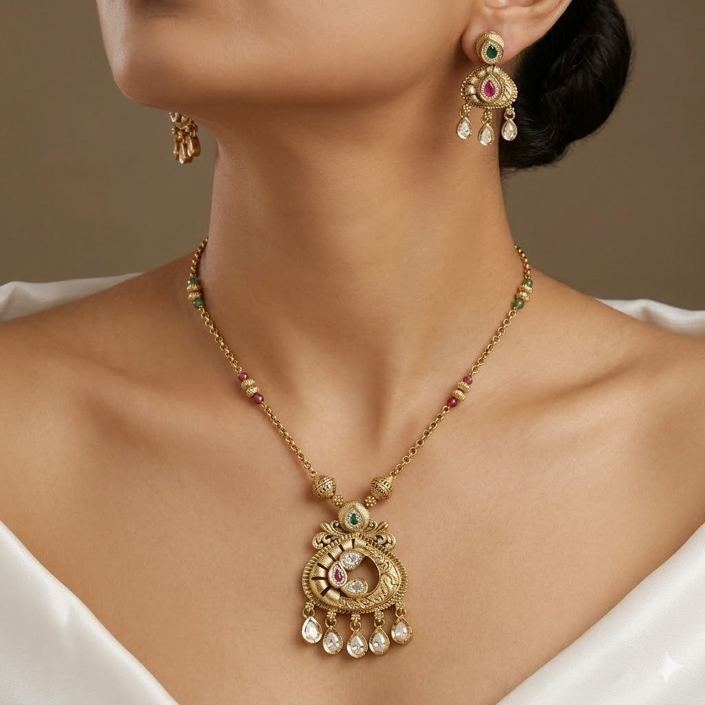 Antique Gold-Plated Peacock-Inspired Mini Pendant Set