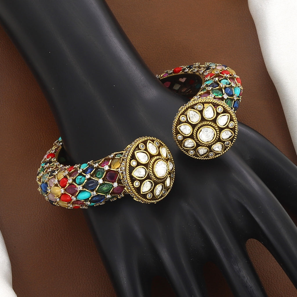 Antique Gold Multi-Stone Polki Open Cuff Bangle Kada