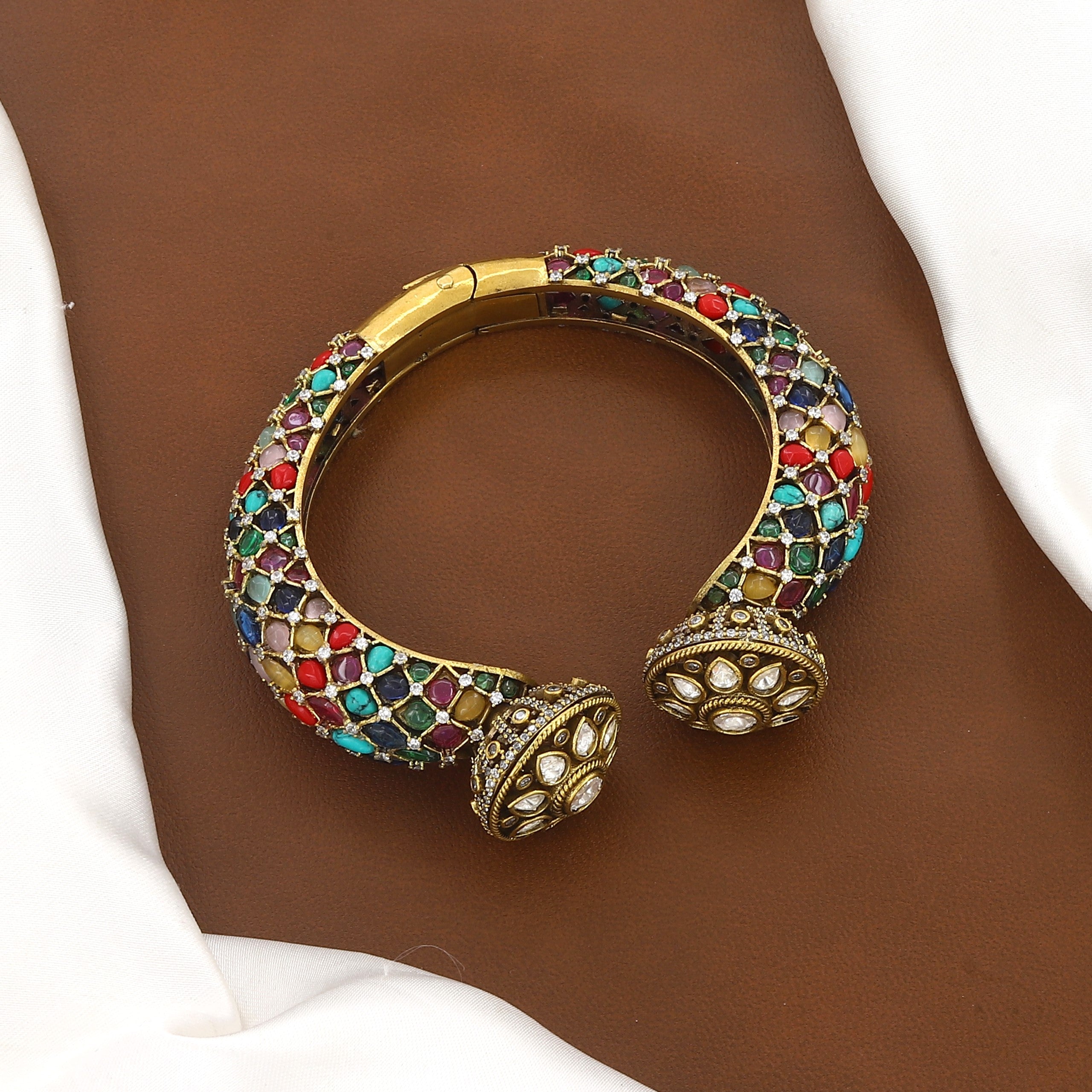 Antique Gold Multi-Stone Polki Open Cuff Bangle Kada
