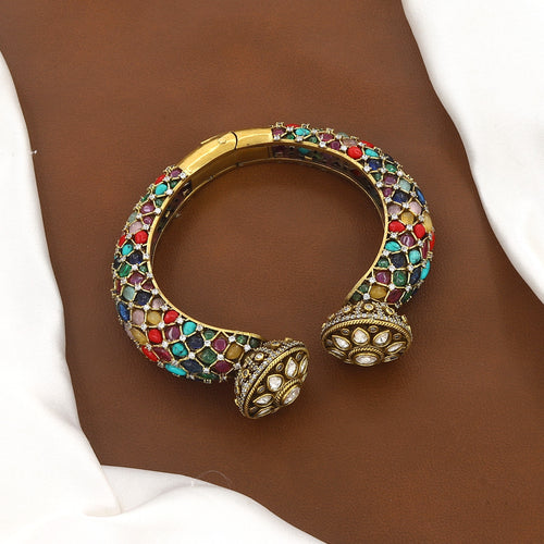 Antique Gold Multi-Stone Polki Open Cuff Bangle Kada