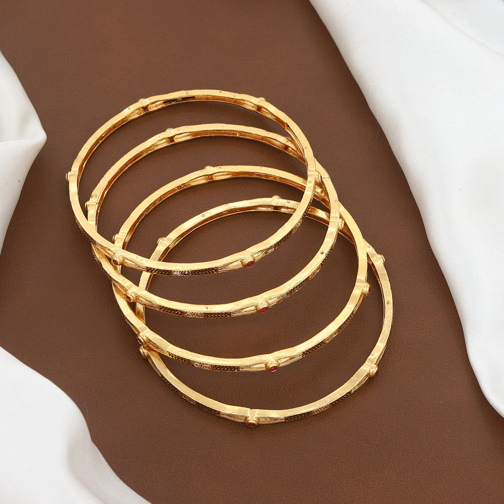 Gold Plated Sleek Bangle Set of 4 with Rubies