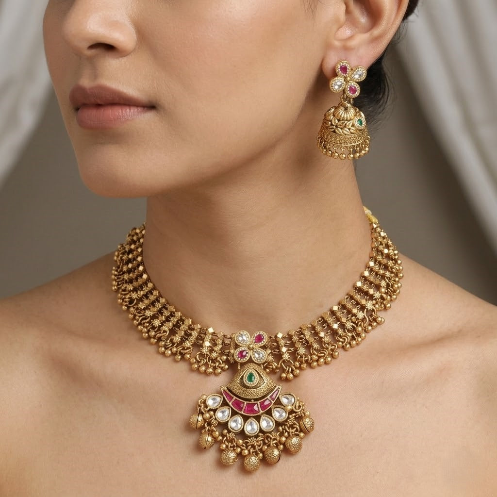 Antique Gold Finish Traditional Necklace Set with Jhumkas